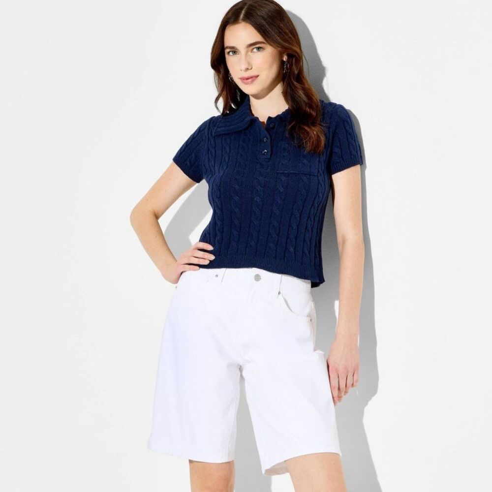 Women's Short Sleeve Cable Polo Pullover Sweater - Wild Fable Navy Blue XL
